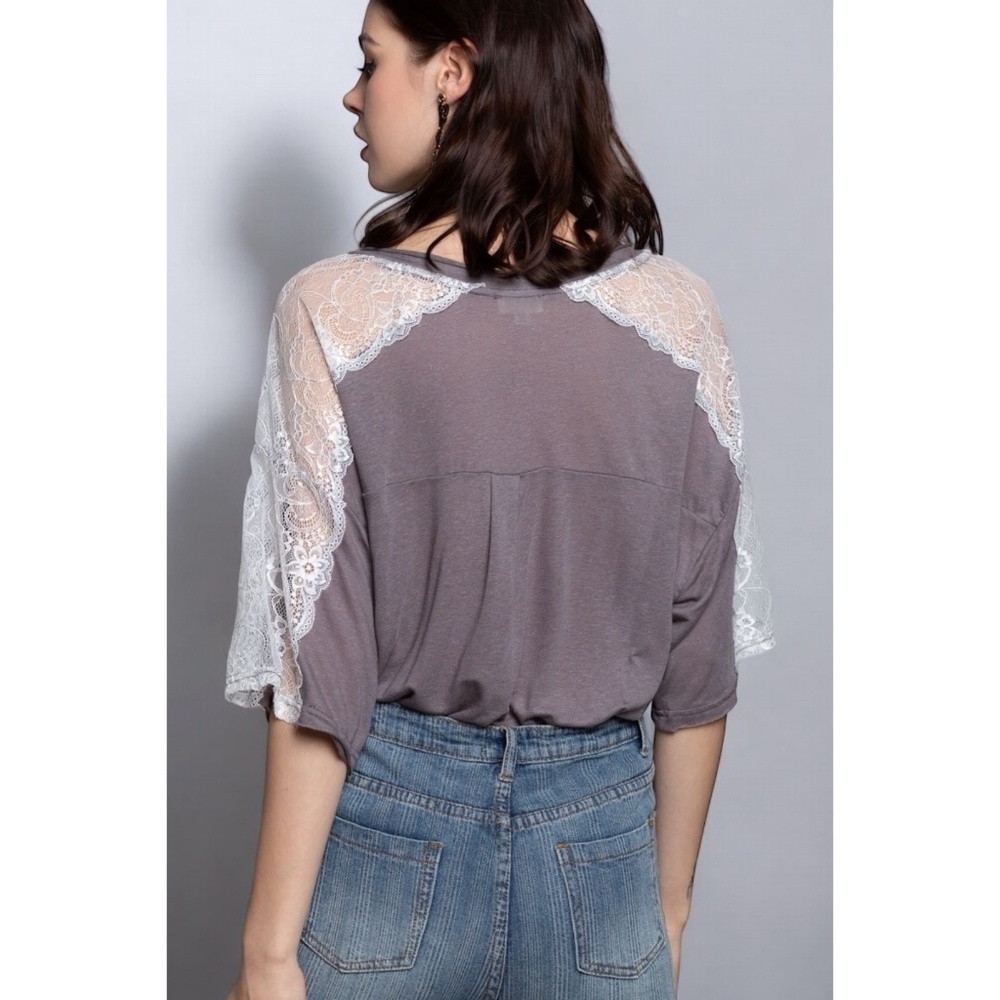 POL Charcoal Lace Half Sleeve Oversized Tee - Picture 4 of 6